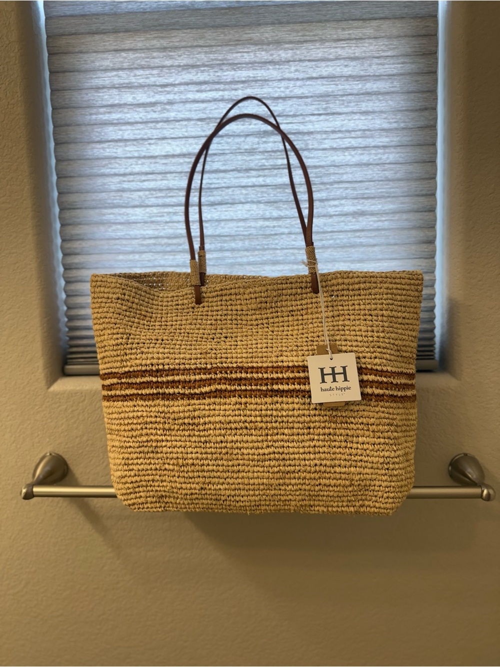 NWT Haute Hippie Natural Straw Tote with Brown Stripe and Brown Leather Handles - Picture 12 of 14